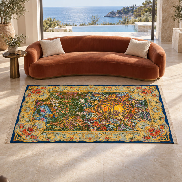AI-styled lifestyle visualization of Solar Crest Persian Silk rug, 225 x 150 cm, in a luxury coastal villa with its long edge parallel to the sofa; refer to original product photograph for exact detail.
