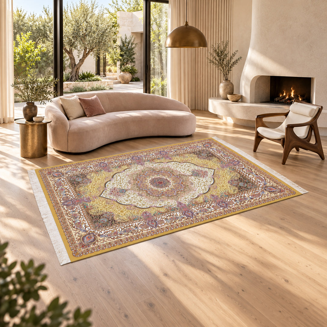 Silk Rug - Treasure Vault: AI-styled lifestyle view in a luxury residence; refer to the original product photo for exact pattern detail and color.