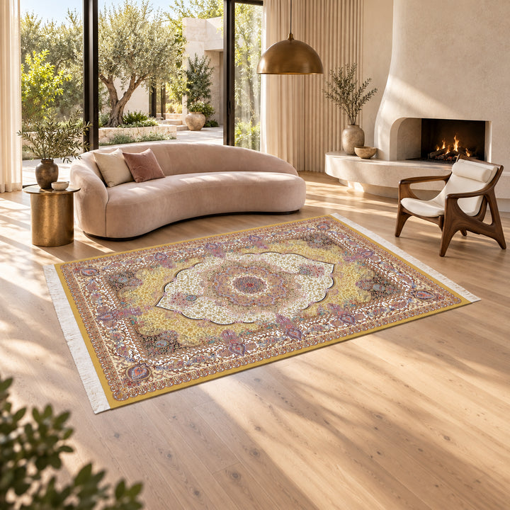 Silk Rug - Treasure Vault: AI-styled lifestyle view in a luxury residence; refer to the original product photo for exact pattern detail and color.