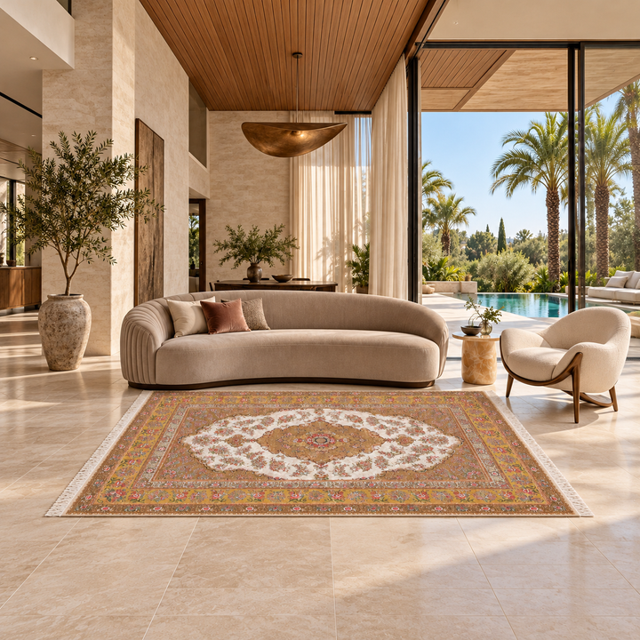 AI-styled lifestyle view of the Spring Garden rug in a luxury garden-view villa; refer to original product photo for exact detail and colour.